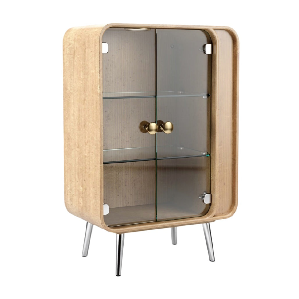 Technische titel: "Moderne Glazen Vitrine met Houten Design en Metalen Poten"