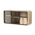 **Moderne Houten TV-meubel met Glazen Deuren en Zwarte Accenten**