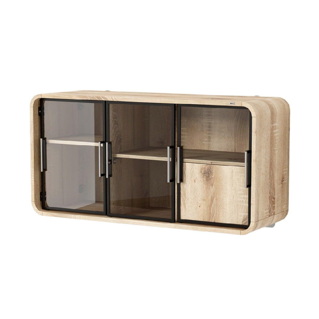 **Moderne Houten TV-meubel met Glazen Deuren en Zwarte Accenten**