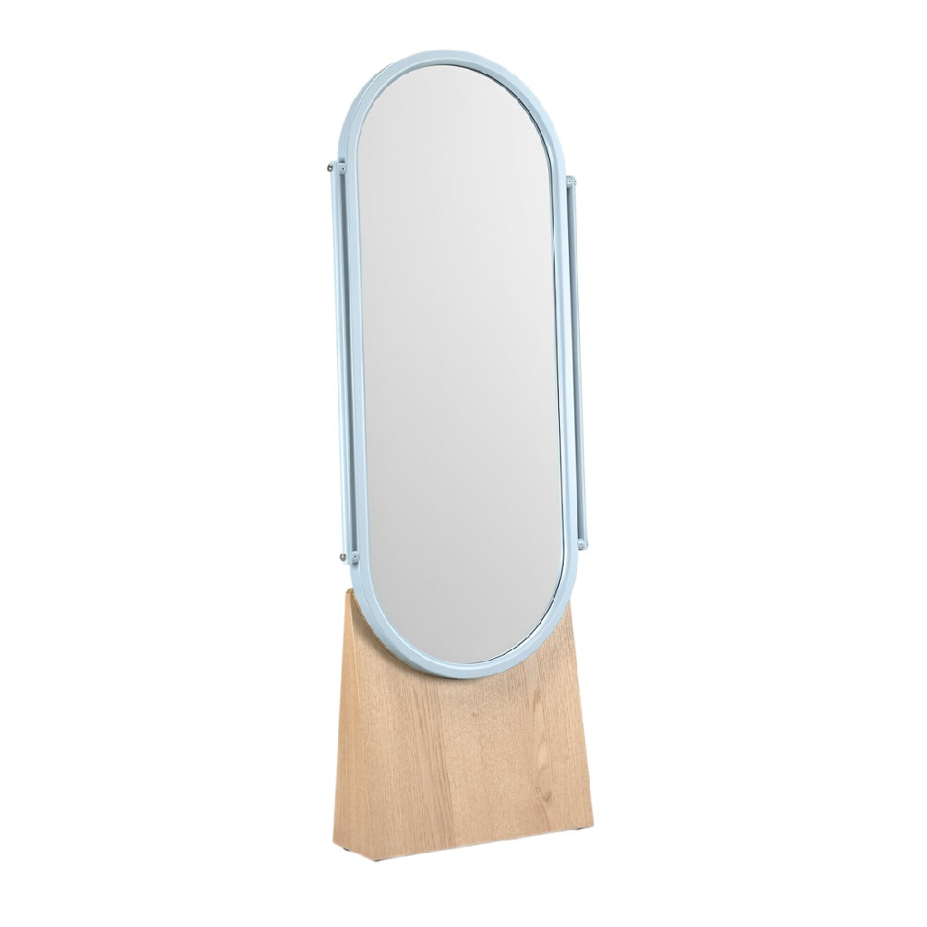 Moderne Staande Spiegel met Houten Basis en Gebogen Design