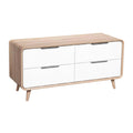 Moderne houten televisiekast met vier lades in wit en natuurlijk hout.
